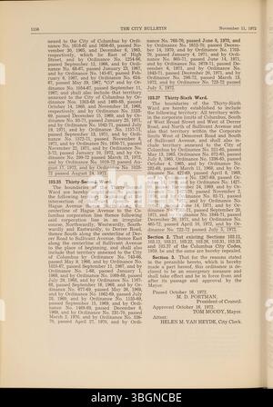 Das Columbus City Bulletin 1972 behandelt die Beratungen des stadtrates, Verordnungen, Beschlüsse, Beschaffungsmaßnahmen, Aktualisierungen des öffentlichen Dienstes, und Werbung für Angebote, die alle vom Stadtschreiber überwacht werden. Stockfoto