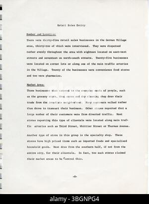 Dieser Umfragebericht konzentriert sich auf die Geschäftsaktivitäten in German Village und analysiert die Einzelhandels-, Lager- und Unterhaltungsindustrie. Sie bietet Einblicke in die Flächennutzung und Planungsempfehlungen für die künftige Flächenentwicklung. Stockfoto