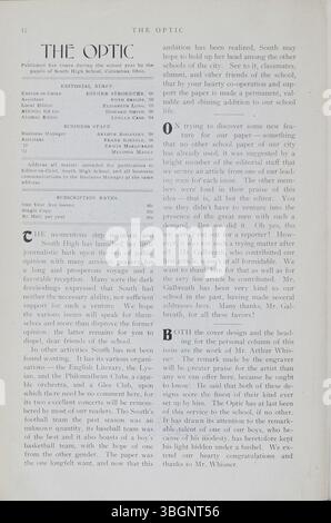 Das Jahrbuch der South High School 1907-1908, „The Optic“, zeigt die Entwicklung der Schule von 1895 bis 1924. Das Jahrbuch enthält Fotos und dokumentiert die Veränderungen in den Schulgebäuden, mit einem Schwerpunkt auf dem Barrett Junior High Gebäude, in dem die Schule bis 2006 untergebracht war. Die South High zog nach umfangreichen Renovierungsarbeiten im Jahr 2009 wieder in die ursprüngliche Ann Street zurück. Stockfoto