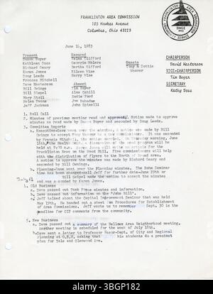 Das Protokoll der Franklinton Area Commission vom 14. Juni 1983 dokumentiert Diskussionen der kommission, die als Verbindungsglied zwischen Nachbarschaftsgruppen, Grundstücksbesitzern, Bewohnern, Bauherren und Stadtbeamten im Franklinton Area in Columbus, Ohio, fungiert. Stockfoto