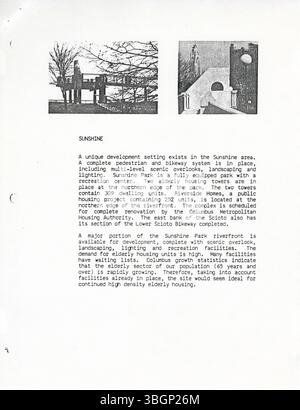 Der Bericht der Riverfront Development Task Force (1984) enthält eine Reihe von Empfehlungen, die die Entwicklung des Riverfront Strategic Plans in Columbus, Ohio, vorangebracht haben, wobei der Schwerpunkt auf der Revitalisierung städtischer Uferfronten und der Verbesserung der Infrastruktur lag. Stockfoto