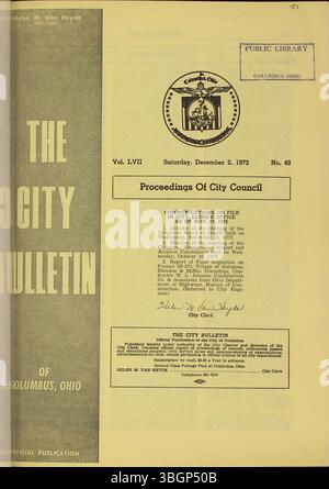 Auf Seite 521 des Columbus City Bulletins 1972 werden die Beratungen der Stadt, die erlassenen Verordnungen, die angenommenen Beschlüsse, die Aktualisierung des öffentlichen Dienstes, die Ausschreibungen, die Veröffentlichung von Angeboten, Vorschläge und Einkaufsausschuss, beaufsichtigt durch den Stadtschreiber. Stockfoto