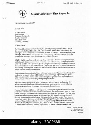 Pressemitteilungen aus dem Büro von Bürgermeister Michael Coleman im Jahr 2005, in denen Initiativen, neue Richtlinien und öffentliche Erklärungen zum Stadtwachstum in Columbus ausführlich beschrieben wurden. Stockfoto