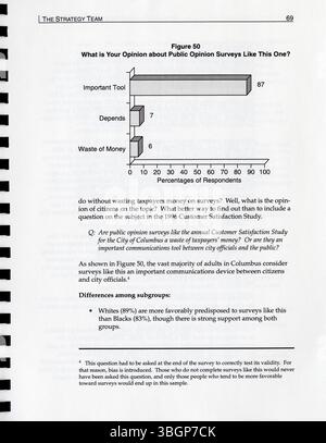 1996 gab die Stadt Columbus eine Studie des Strategieteams in Auftrag, um die Zufriedenheit der Bürger mit lokalen Dienstleistungen und Einrichtungen zu bewerten. Der Bericht hilft Stadtbediensteten, auf öffentliche Anliegen einzugehen und Ressourcen effektiver zuzuweisen, wodurch sichergestellt wird, dass die Dienstleistungsziele der Stadt mit den Bedürfnissen der Bürger in Einklang stehen. Stockfoto