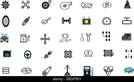 Sammlung von Symbolen für Fahrzeugmechaniker – Werkzeuge, Motor, Teile und Fahrzeugwartung Stock Vektor