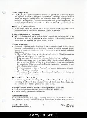 Der kolumbus Public Schools District-Wide Master Facilities Plan von 2002 beschreibt die bestehenden Bedingungen für die Einrichtung und bietet einen Rahmen für die Entwicklung der künftigen Infrastruktur im gesamten Bezirk. Stockfoto