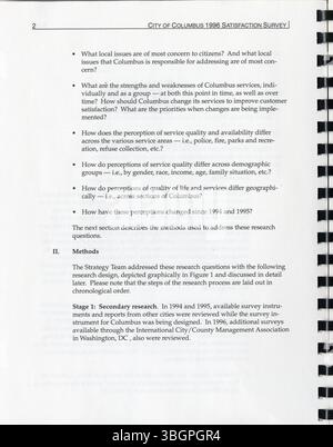 Die von der Stadt Columbus in Auftrag gegebene Studie zur Kundenzufriedenheit 1996 bewertet die Ansichten der Bürger zu Dienstleistungen und Einrichtungen in der Stadt. Sie liefert wichtige Einblicke, um Serviceziele festzulegen, aktuelle Richtlinien zu bewerten und die Budgetzuweisung für das folgende Jahr zu steuern. Diese Studie baut auf früheren Erhebungen aus den Jahren 1994 und 1995 auf. Stockfoto