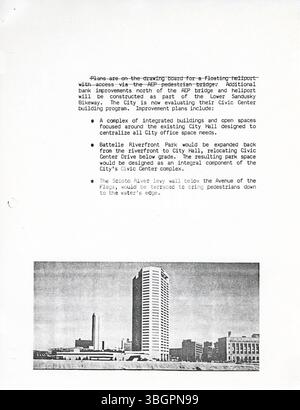 Der Bericht der Riverfront Development Task Force von 1984 enthält wichtige Empfehlungen, die zur Erstellung des Riverfront Strategic Plan für Columbus (Ohio) beigetragen haben. Der Plan konzentriert sich auf die Verbesserung der Flussufer der Stadt für wirtschaftliche, Freizeit- und Umweltzwecke, mit dem Ziel, die Flussufer wiederzubeleben und in die umfassenderen Entwicklungsbemühungen der Stadt zu integrieren. Stockfoto