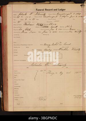 Das Funeral Ledger von Charles C. Siferd Undertaking Company in Wapakoneta, Ohio, aus dem Jahr 1916-1920, listet die Verstorbenen, ihre Todesursache, den behandelnden Arzt und die Kosten der Beerdigung auf und bietet einen Einblick in die Beerdigungsmethoden des frühen 20. Jahrhunderts. Stockfoto