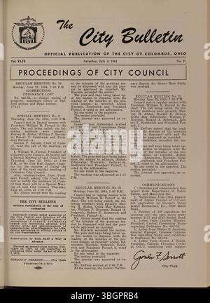 Diese Ausgabe des Columbus City Bulletins von 1964 beschreibt die Arbeit des stadtrates, einschließlich der erlassenen Verordnungen und Beschlüsse, Angebote und Vorschläge sowie Aktualisierungen der Stadtverwaltungen, die alle unter der Aufsicht des Stadtschreibers stehen. Stockfoto