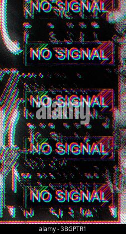 Eine abstrakte digitale Grafik, die eine wiederholte Meldung „kein Signal“ in einem glitchigen, pixeligen Format darstellt. Der Hintergrund verfügt über eine dunkle Farbpalette W Stockfoto