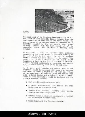 Der Bericht der Arbeitsgruppe „Entwicklung der Flussufer“ 1984 enthält Empfehlungen für die Ausarbeitung eines umfassenden strategischen Plans für das Gebiet am Flussufer in Columbus, Ohio, mit dem das Engagement der Öffentlichkeit gestärkt und die wirtschaftliche Entwicklung gefördert werden soll. Stockfoto