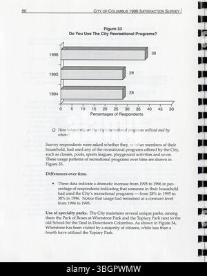 Die von der Stadt Columbus in Auftrag gegebene und vom Strategieteam durchgeführte Studie zur Kundenzufriedenheit 1996 bewertet die Wahrnehmung der Bürger von städtischen Dienstleistungen und Einrichtungen. Die Studie hilft bei der Festlegung von Servicezielen, leitet Richtlinienentscheidungen und informiert über Budgetzuweisungen. Sie folgt den ursprünglichen Studien aus den Jahren 1994 und 1995 und bietet Einblicke in die Wirksamkeit öffentlicher Dienstleistungen. Stockfoto
