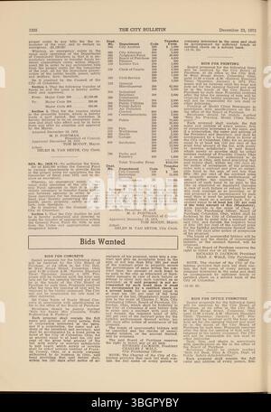 Das Columbus City Bulletin von 1972, das vom stadtrat beaufsichtigt wird, enthält die Verfahren der Stadt, Verordnungen, Beschlüsse, Ausschreibungen, Notizen des öffentlichen Dienstes, und Berichte der Einkaufsbehörde über Maßnahmen des Stadtministeriums. Stockfoto