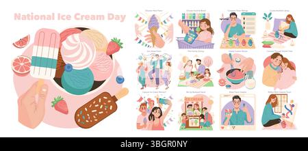 National Ice Cream Day Vektor Illustration mit lustigen Aktivitäten wie das Versuchen neuer Aromen, Familienausflüge und kreative Rezepte. Die Menschen genießen Eis und drücken Freude und Entspannung aus. Stock Vektor
