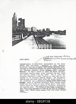 Dieser Bericht, der 1984 von der Task Force Riverfront Development erstellt wurde, enthält Empfehlungen für den Wiederaufbau des Flussufers in Columbus, wobei der Schwerpunkt auf Wohnraum, Grünflächen und der Integration nachhaltiger Entwicklungspraktiken liegt. Stockfoto