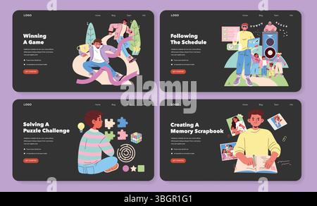 Eine Reihe von Vektorillustrationen, die fröhliche Szenen zeigen: Ein Spiel mit Trophäen gewinnen, einem Zeitplan als Gruppe folgen, eine Puzzle-Herausforderung lösen, ein Memory-Scrapbook erstellen. Das Kunstwerk vermittelt Spaß, Teamwork und Kreativität in lebendigen Farben. Stock Vektor