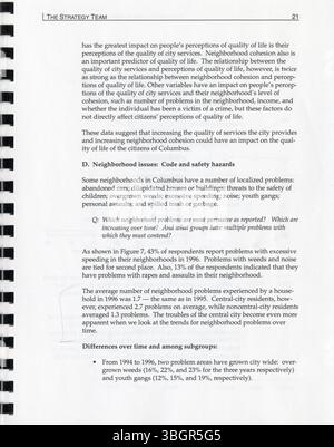 Die von der Stadt Columbus in Auftrag gegebene Studie zur Kundenzufriedenheit von 1996 bewertet die Wahrnehmung der städtischen Dienstleistungen und Einrichtungen durch die Bürger. Sie hilft dabei, Serviceziele festzulegen, aktuelle Richtlinienprobleme zu bewerten und Entscheidungen über die Budgetzuweisung für das kommende Jahr zu treffen. Diese Studie ist eine Fortsetzung ähnlicher Studien, die 1994 und 1995 durchgeführt wurden. Stockfoto