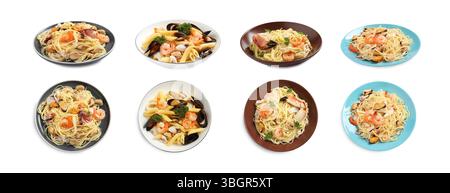 Leckere Gerichte mit Meeresfrüchten isoliert auf weiß, Collage. Draufsicht und Seitenansicht Stockfoto