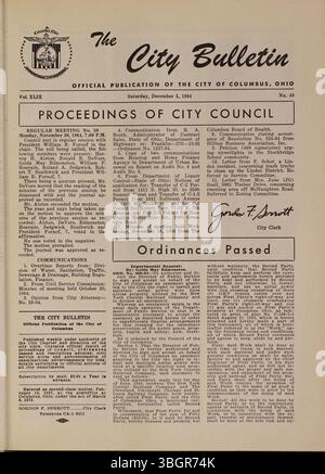 Das Columbus City Bulletin von 1964, das unter der Leitung des stadträts veröffentlicht wurde, enthält stadtratsverfahren, Verordnungen, Beschlüsse, Ausschreibungen, Notizen des öffentlichen Dienstes, und Aktivitäten des Board of Purchase. Stockfoto