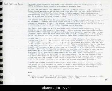 Diese Studie zur Wiederherstellung kleiner Unternehmen im Jahr 1977, die vom Department of Development der Stadt Columbus durchgeführt wurde, konzentriert sich auf die Unterstützung kleiner Unternehmen in der Near East Side und zielt auf Gebiete wie Mt. Vernon Avenue, Parsons Avenue und East Main Street für Revitalisierung und Wachstum. Stockfoto