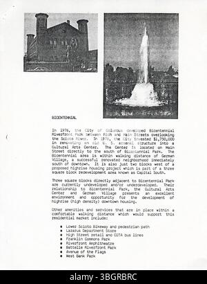 Der Bericht der Riverfront Development Task Force 1984 enthält wichtige Empfehlungen für den Strategieplan für Columbus (Ohio), der sich auf nachhaltige Entwicklung und den Zugang der Öffentlichkeit zu den Ufergebieten konzentriert. Stockfoto