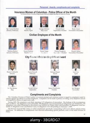 Der Jahresbericht 2005 der Columbus-Abteilung für Polizei enthält Statistiken und Analysen über die Verbrechensverhütungsbemühungen der Abteilung, die Kriminalitätsraten und die Effizienz der Strafverfolgung bei der Bekämpfung der Sicherheit der Gemeinschaft. Stockfoto