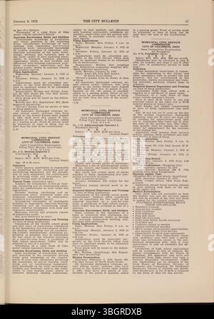 Das Columbus City Bulletin von 1972, das vom stadtrat beaufsichtigt wird, enthält die erörterungen des stadtrates, Verordnungen, Beschlüsse, Ausschreibungen, Vorschläge, öffentliche Dienstvermerke und Kaufverhandlungen im Zusammenhang mit den Stadtverwaltungen. Stockfoto