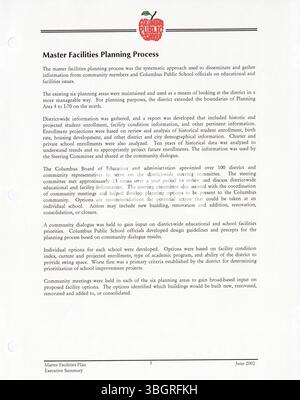 Die Zusammenfassung des Columbus Public Schools District Wide Master Facilities Plans von 2002 bietet einen umfassenden Rahmen für die Verbesserung und Entwicklung der Einrichtungen des Schulbezirks. Das Dokument konzentriert sich auf Planung, Entwicklung und Ressourcenmanagement für den Bildungsbedarf des Bezirks. Stockfoto