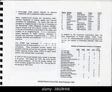 Der Leitfaden 1999 Fußgängereinrichtungen: Best Practices soll den lokalen Gemeinden bei der Entwicklung oder Verbesserung von Fußgängerprogrammen helfen. Es bietet Best Practices aus den ganzen USA, um häufige Mängel in der Fußgängerinfrastruktur und Sicherheit zu beheben. Stockfoto