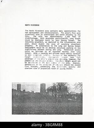 Der Bericht der Riverfront Development Task Force von 1984 enthält wichtige Empfehlungen, die zur Erstellung des Riverfront Strategic Plan für Columbus (Ohio) beigetragen haben, der sich auf Stadtentwicklung und Revitalisierung der Flussufer konzentriert. Stockfoto