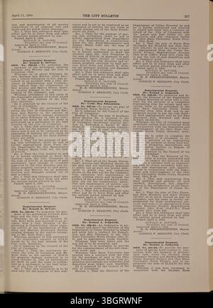 Das Columbus City Bulletin von 1964, das unter der Leitung des Stadtschutzers veröffentlicht wurde, enthält die Arbeiten der Stadt, Verordnungen, Beschlüsse, Aktualisierungen des öffentlichen Dienstes, Ausschreibungen, und Aktivitäten des Board of Purchase. Stockfoto