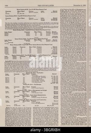 Das Columbus City Bulletin von 1990 enthält Einzelheiten zu den Verfahren des stadtrates, Beschlüssen, Verordnungen, Aktualisierungen des öffentlichen Dienstes und Ausschreibungen für Angebote unter der Aufsicht des Stadtschutzers. Stockfoto