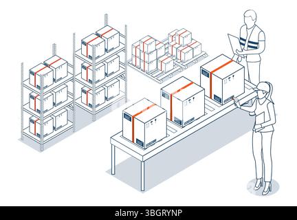 Isometrische 3D-Illustration des Lagerarbeiters scannt und prüft Waren auf Lagerregalen für Import- und Exportvorgänge, um eine genaue Bestandsverwaltung zu gewährleisten Stock Vektor