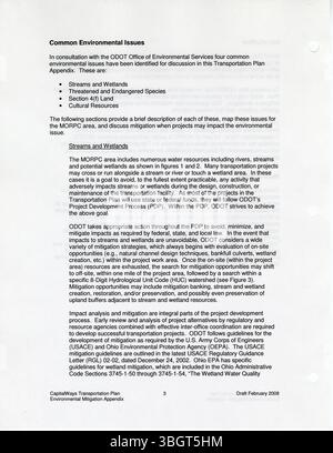 Der CapitalWays Transportation Plan Anhang von 2008 enthält Leitlinien für die Umweltminderung regionaler Verkehrsprojekte, die von der Mid-Ohio Regional Planning Commission (MORPC) erstellt wurden. Der Schwerpunkt liegt auf nachhaltigen Verkehrspraktiken und auf der Bewältigung der Umweltauswirkungen von 2000 bis 2030. Stockfoto