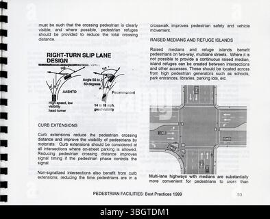 Fußgängereinrichtungen: BEST Practices 1999 bietet einen Leitfaden für lokale Gemeinden zur Verbesserung der Fußgängerinfrastruktur. Der Leitfaden stellt erfolgreiche Verfahren zur Behebung häufiger Mängel bei Fußgängerprogrammen in den Vereinigten Staaten zusammen. Stockfoto