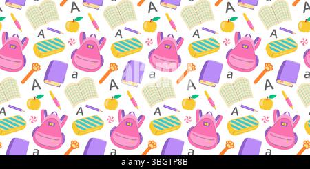 Farbenfrohe Back-to-School-Muster mit Rucksäcken, Büchern, Äpfeln und Schreibwaren, perfekt für didaktische Designs oder Werbematerialien. Stock Vektor