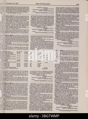 Diese Seite aus dem Columbus City Bulletin 1990 enthält Aufzeichnungen über Beschlüsse, Verordnungen und Updates des stadtrates, die vom Büro des Beamten veröffentlicht wurden. Stockfoto