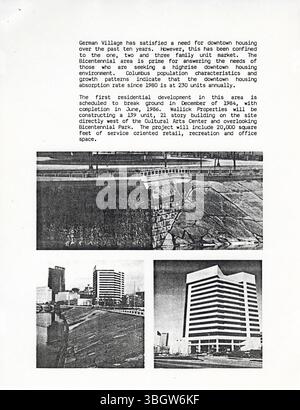 Der Bericht der Riverfront Development Task Force aus dem Jahr 1984 enthält wichtige Empfehlungen für die Gestaltung des Riverfront Strategic Plans in Columbus, Ohio, und betont dabei die auf die Gemeinde ausgerichteten Verbesserungen am Ufer. Stockfoto