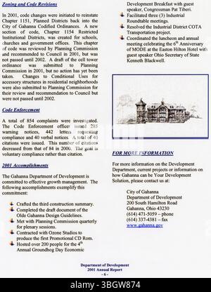 Dieser Abschnitt des Jahresberichts 2001 der Stadt Gahanna behandelt die laufenden Entwicklungsprojekte des Departements. Sie enthält Einzelheiten zu abgeschlossenen und anstehenden Projekten, die auf die Verbesserung der Infrastruktur der Stadt und die Unterstützung des Wirtschaftswachstums im Laufe des Jahres abzielen. Stockfoto
