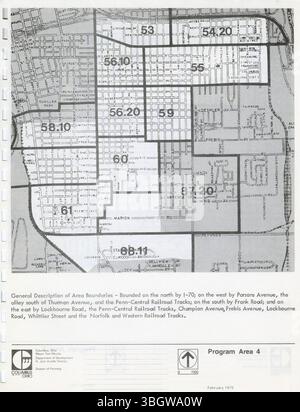 Das Columbus Urban Homestead Program von 1975 zielt darauf ab, dem wirtschaftlichen Niedergang in Columbus entgegenzuwirken, indem es Investitionen in leerstehende und verlassene Immobilien, insbesondere in HUD-eigenen Immobilien, durch eine Vielzahl von Anreizen fördert. Stockfoto