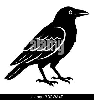 Das Symbol für die Krähe-Zeichentrickserie. Eine Krähenillustration auf weißem Hintergrund. Schwarzes Rabenvogelschild. Flacher STYLE. Stockfoto