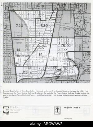 Das Columbus Urban Homestead-Programm von 1975 umfasste einen Vorschlag, die Sanierung von Gebieten mit rückläufiger Entwicklung durch die Sanierung von HUD-Besitztümern oder verlassenen Grundstücken zu fördern. Stockfoto