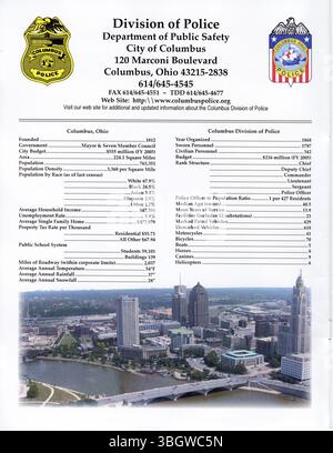 Dieser Abschnitt des Berichts der Columbus Division of Police 2005 enthält Statistiken zu Kriminalität, Personalausstattung der Abteilungen, Durchsetzungsmaßnahmen und Offizierstätigkeiten. Stockfoto
