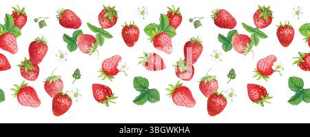 Nahtloser Rand mit fallenden Reifen Erdbeeren, Blumen und grünen Blättern im Hintergrund. Aquarellillustration für Werbung für Saft, Desserts, Gebäck. Stockfoto