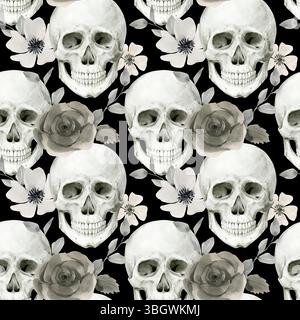 Nahtloses Muster menschlicher Schädel, isoliert auf Hintergrund. Aquarell Halloween Hintergrund, Vintage mystisches Dekor. Vintage-Schädel. Anatomische Detailzeichnung des Skelettknochens. Stockfoto