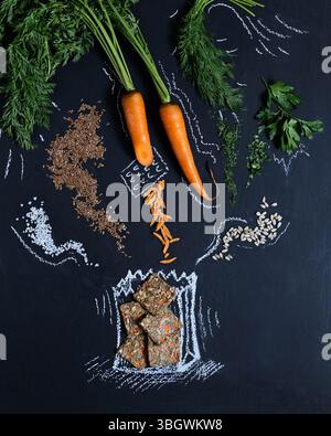 Innovative Lebensmittelkomposition mit Karotten und Gewürzen, die Ästhetik und kulinarische Fähigkeiten vereint Stockfoto