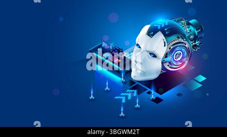 Ein großer Roboterkopf mit einem elektronischen Gehirn und künstlicher Intelligenz ist mit einem Computer in einem wissenschaftlichen Labor verbunden. Training neuronaler Netzwerke A Stock Vektor