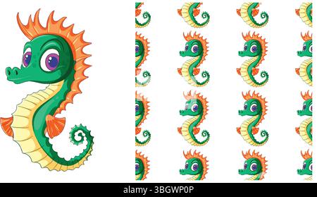 Lebendige Vektor-Illustration eines skurrilen Seepferdes mit kräftigen Farben und verspieltem Design, perfekt für nahtlose Musteranwendungen Stock Vektor