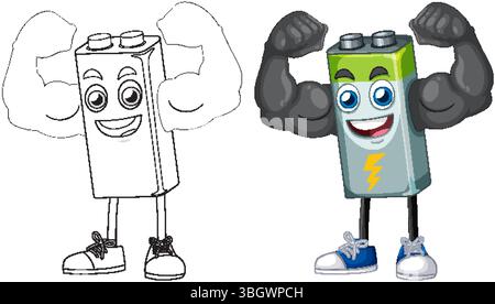Eine lebendige Vektor-Illustration eines muskulösen Akkucharakters, der Stärke und Energie in kräftigen Farben und dynamischer Komposition zeigt Stock Vektor